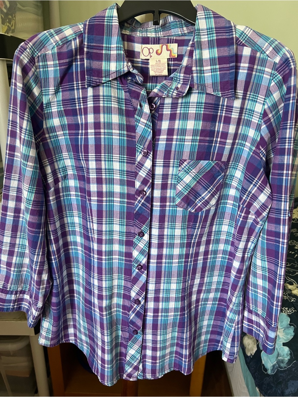 OP Ocean Pacific Girl’s L/G (11/13) Purple and Teal Plaid Button-Down Shirt